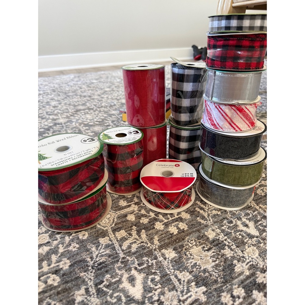 Christmas Ribbon Lot 17 Rolls Wired Buffalo Plaid Red Green Silver Holiday Craft